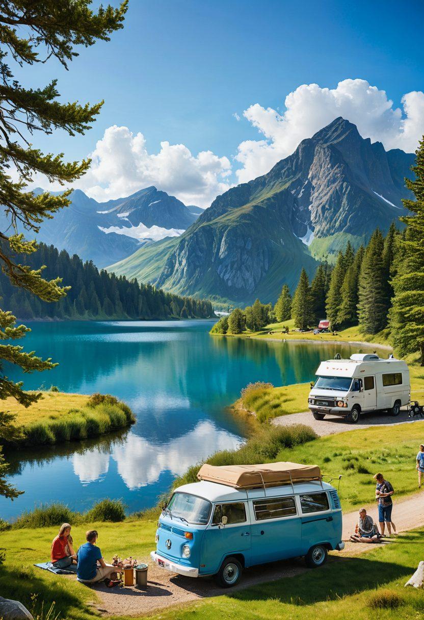 A scenic landscape featuring a stylish camper van parked by a serene lake, with mountains in the background. Include a diverse group of friends enjoying a barbecue outdoors, surrounded by lush greenery and camping gear. Bright blue skies with fluffy clouds above, emphasizing the freedom of exploration. The scene should evoke a sense of adventure and camaraderie. vibrant colors. super-realistic.