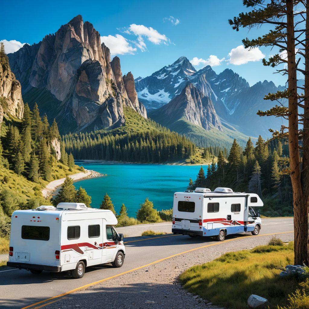 A scenic RV parked on an open highway, surrounded by breathtaking mountains and lush greenery under a bright blue sky. A road sign in the foreground hints at nearby attractions, while a family can be seen enjoying a picnic beside the RV. The overall atmosphere exudes adventure and freedom, showcasing the joy of exploring the outdoors. vibrant colors. super-realistic.
