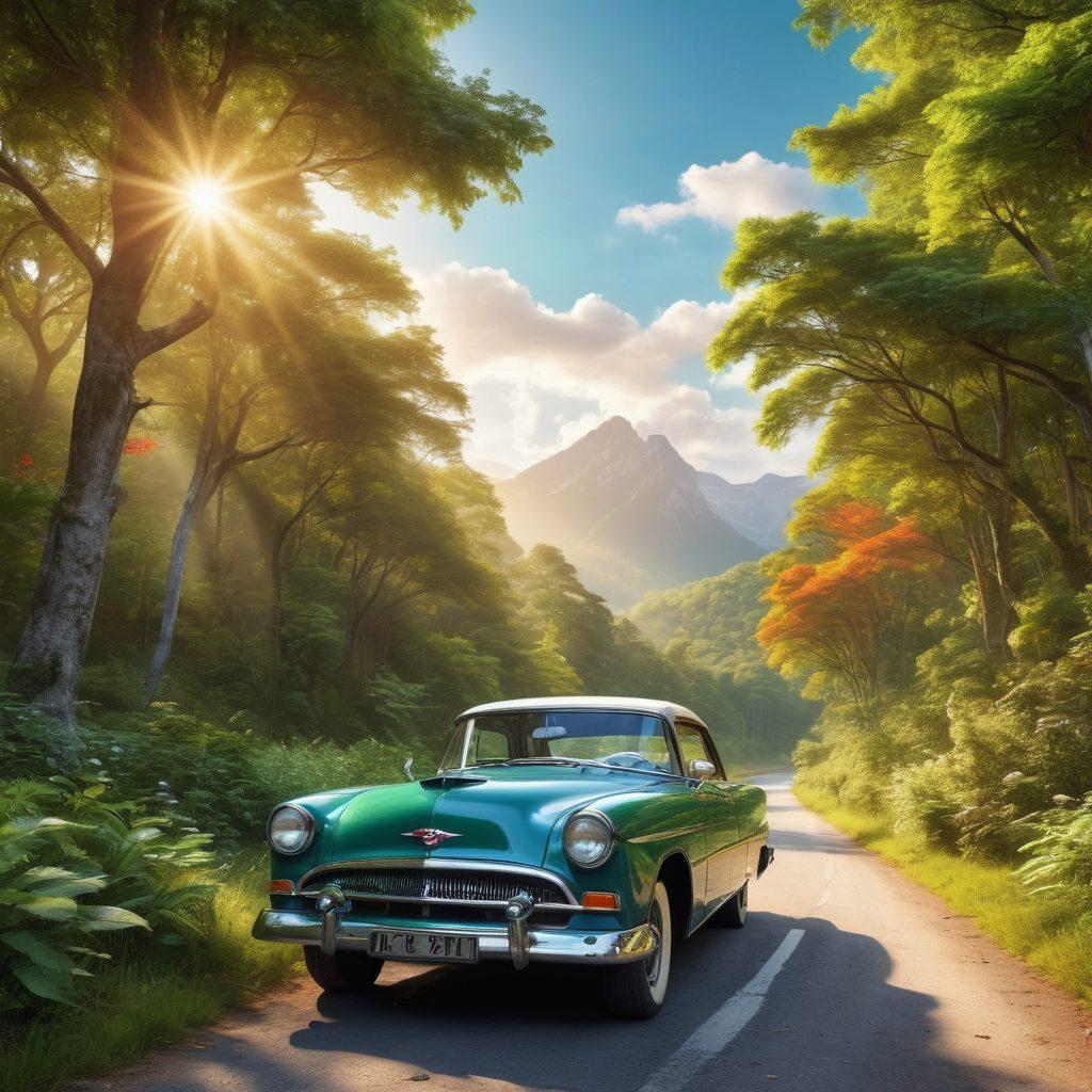 A scenic road winding through lush green forests, with glimpses of wildlife like deer and birds along the way. Include a winding path that leads into the distant mountains, signifying adventure and exploration. The sky should be bright and picturesque, with fluffy clouds and warm sunlight filtering through the trees. Add a vintage car parked by the roadside, symbolizing road journeys. vibrant colors. super-realistic.